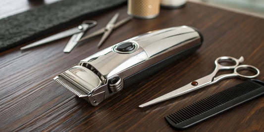 Professional heavy duty hair clippers and tools on a barber's workstation.