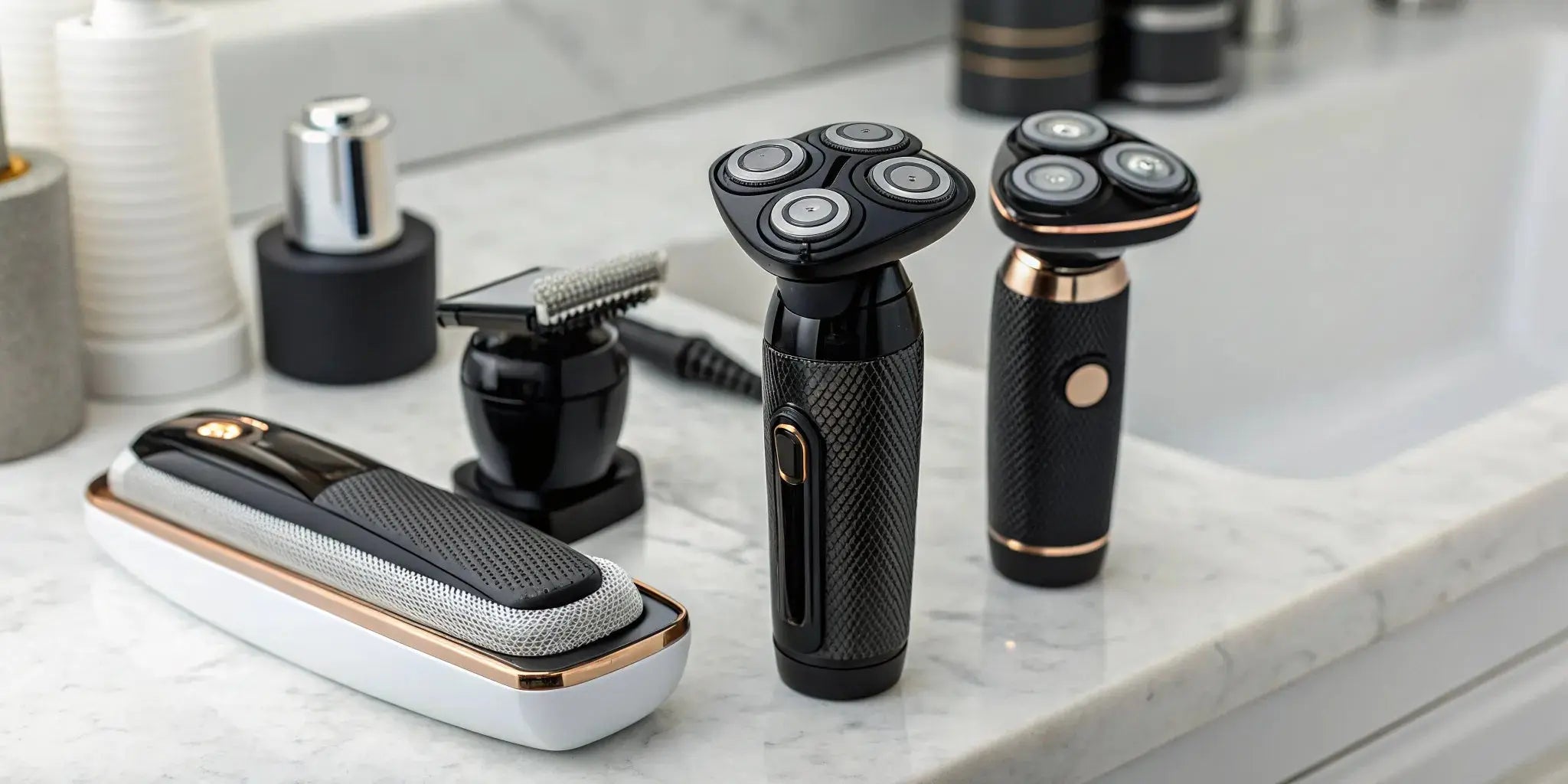 A selection of professional bald head shavers on a barber shop counter.