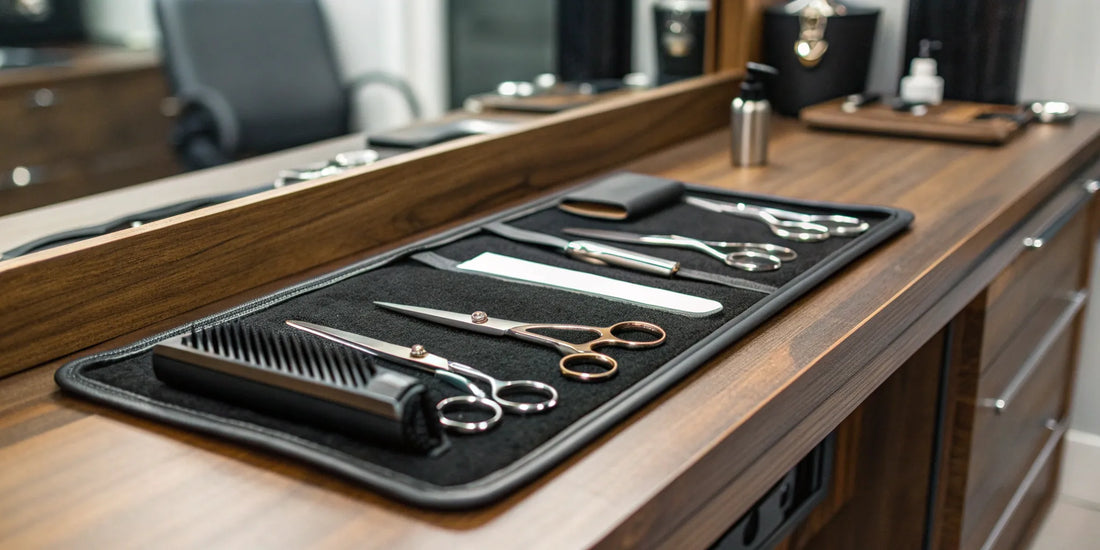 Professional barber tool kit for sale with clippers, scissors, and combs.