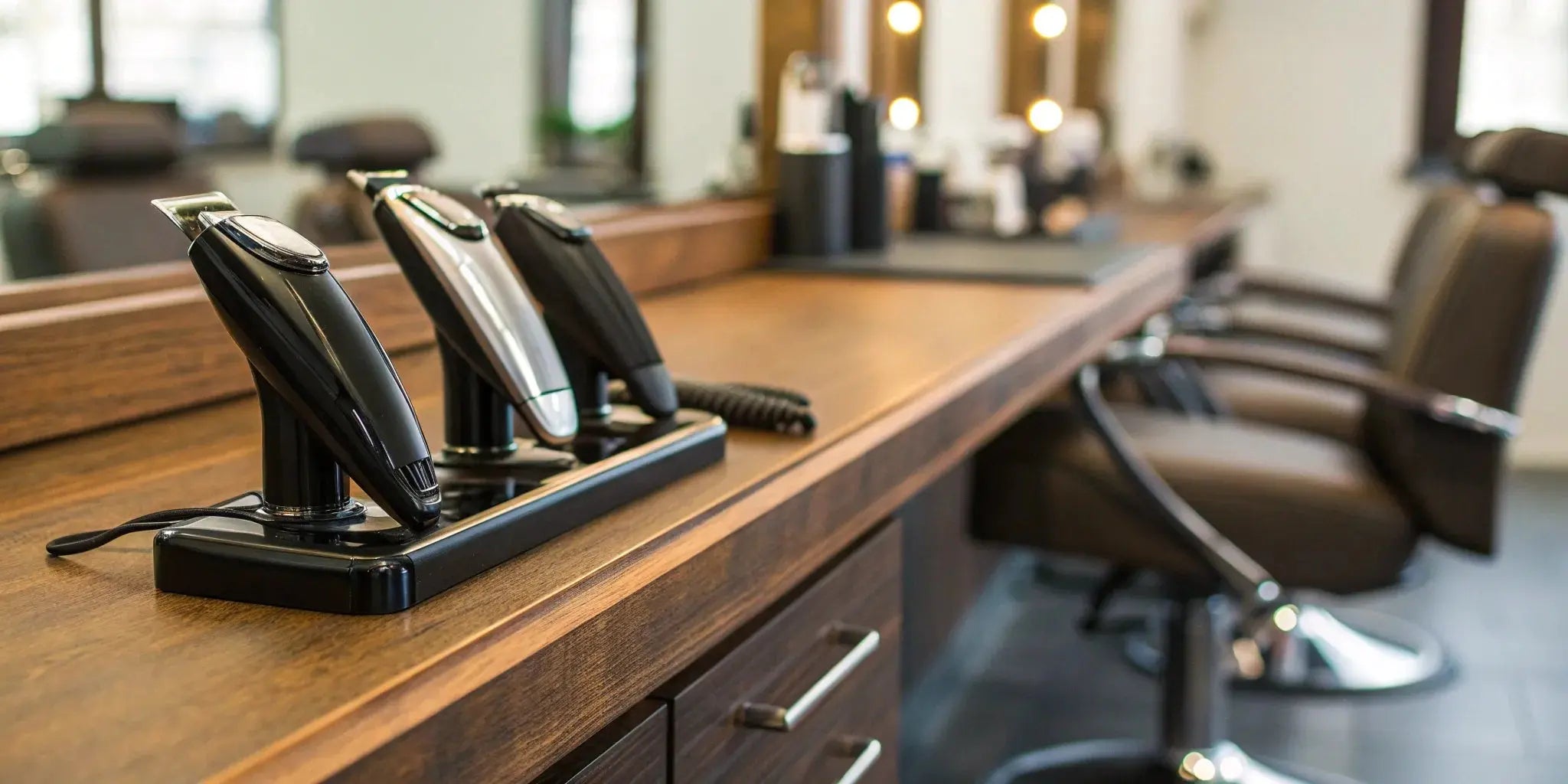 A professional cordless clipper and trimmer combo set on a barber station.