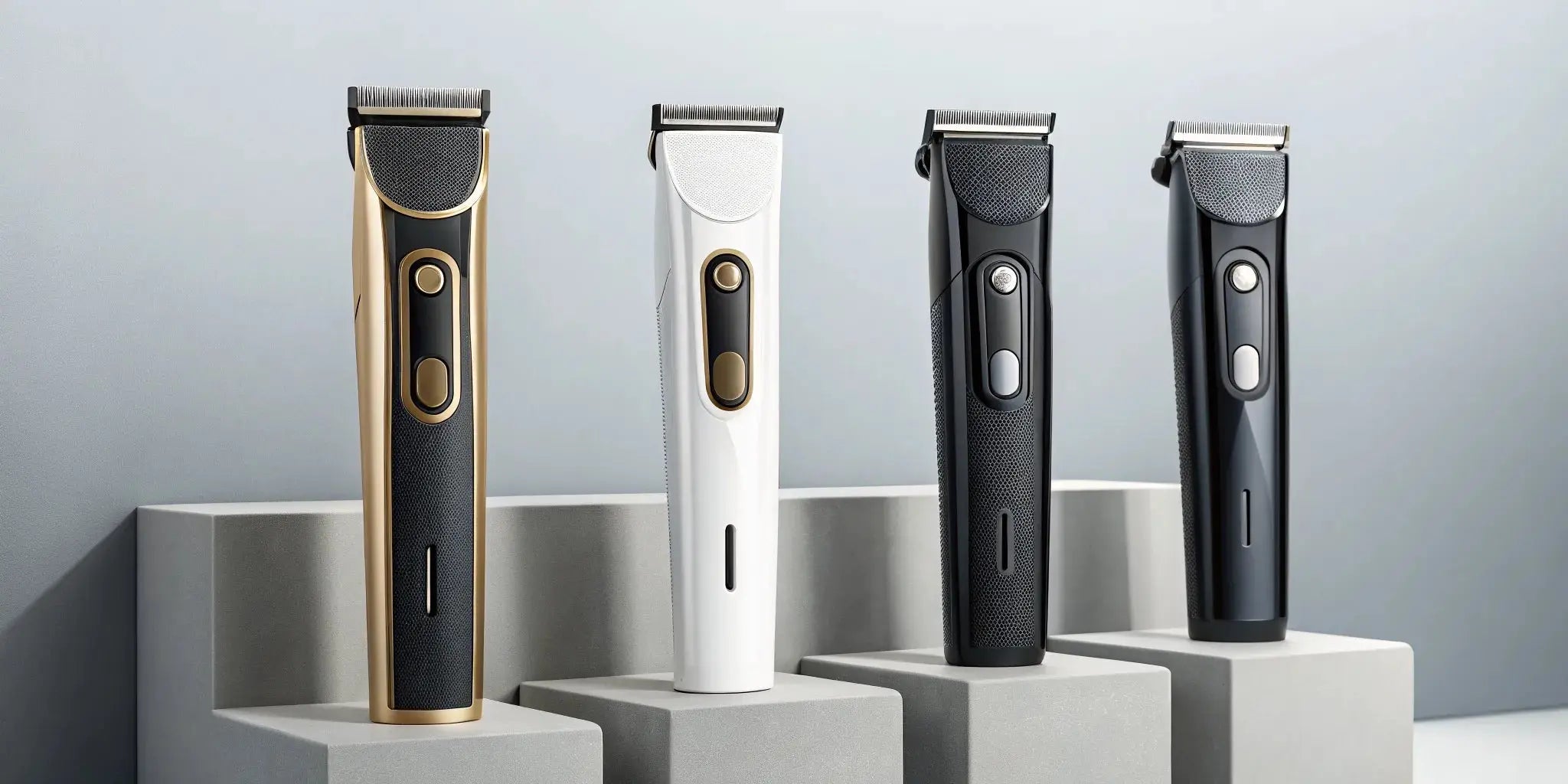 Professional cordless hair clippers in different colors on display.