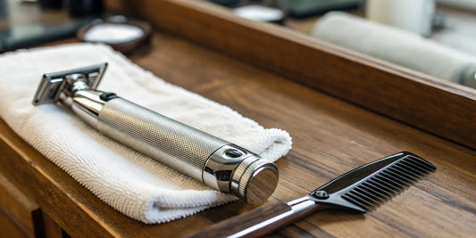 A professional hair trimmer with attachments on a barber's workstation.