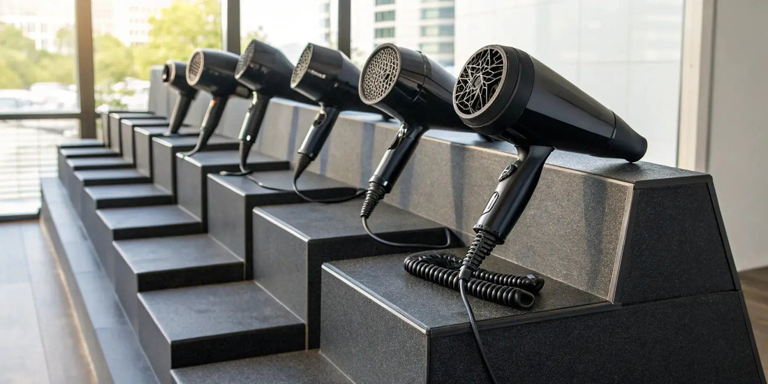 A row of professional heavy-duty hair dryers for a barbershop.