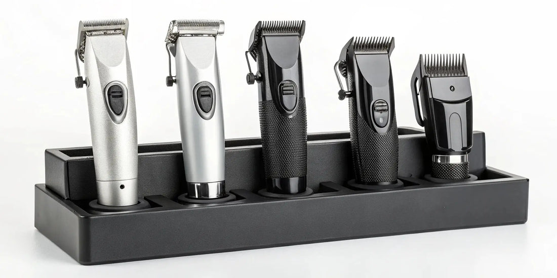 Five heavy-duty, high-torque clippers for bulk cutting in a charging stand.