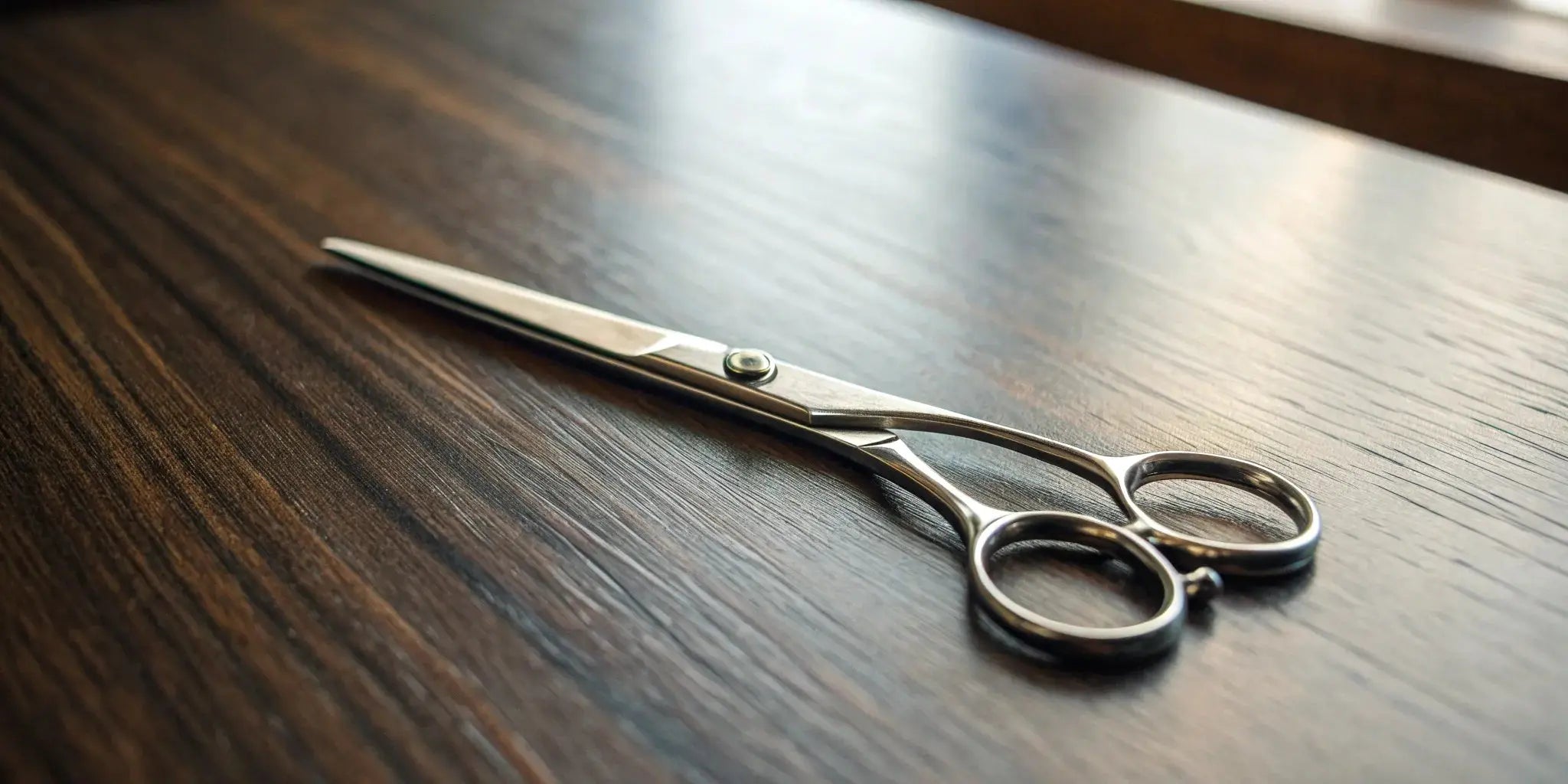 A pair of the best Japanese hairdressing scissors with premium steel blades on a wooden table.
