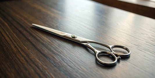 A pair of the best Japanese hairdressing scissors with premium steel blades on a wooden table.
