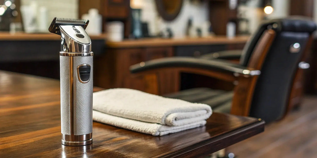 A professional trimmer for men, one of the best under 1500, on a barber station.