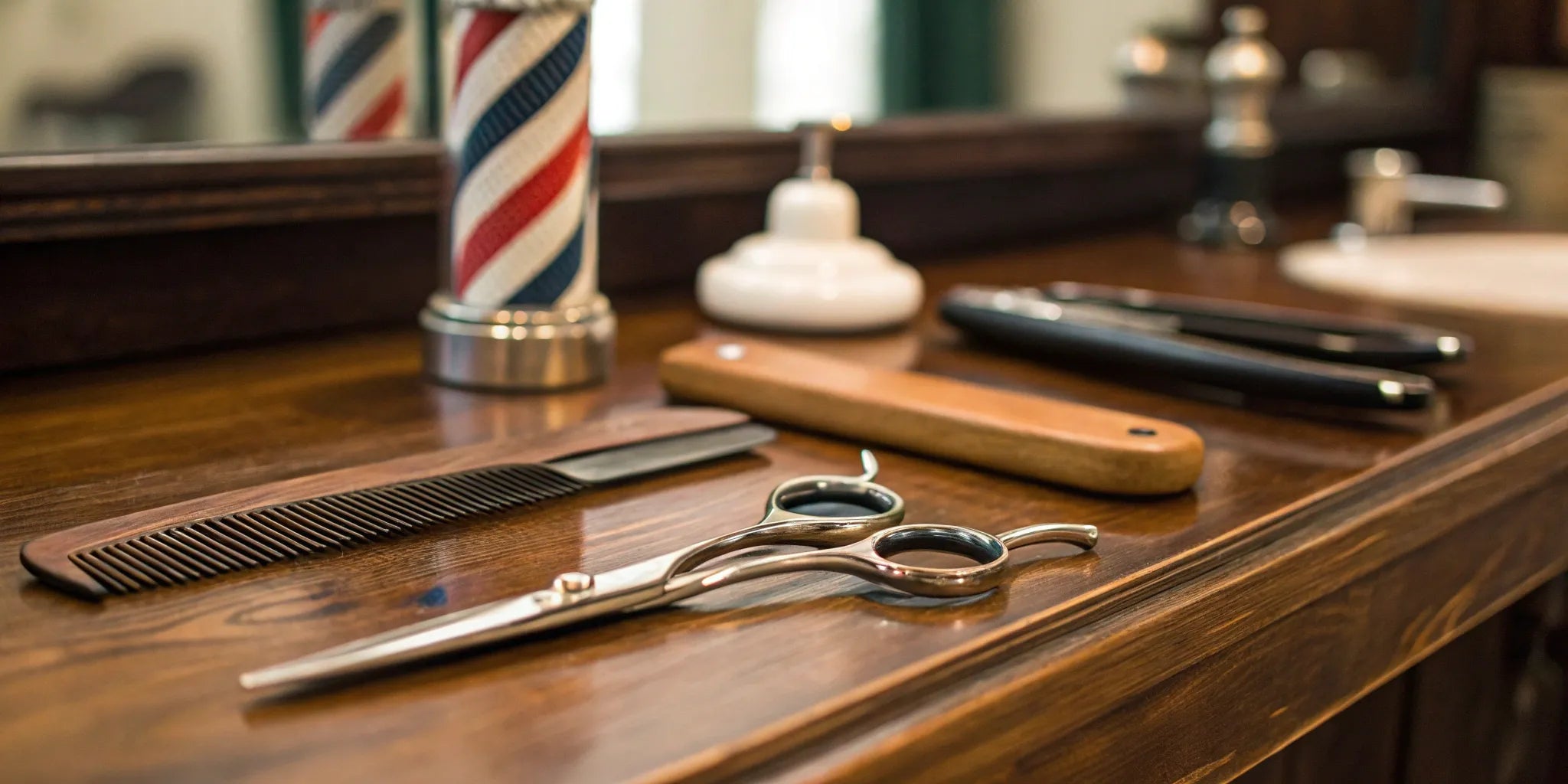 The best professional barber kit with essential tools like shears, a comb, and a straight razor.