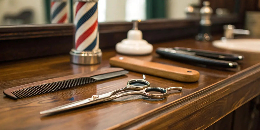 The best professional barber kit with essential tools like shears, a comb, and a straight razor.