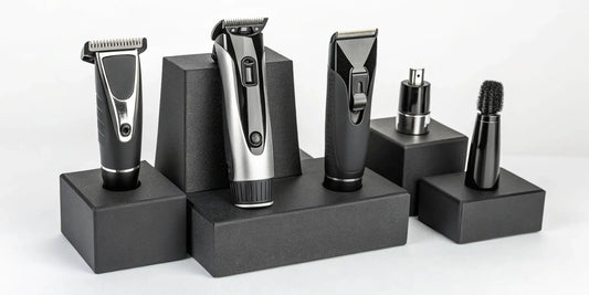 Professional clipper and trimmer set with various comb attachments for barbers and stylists.
