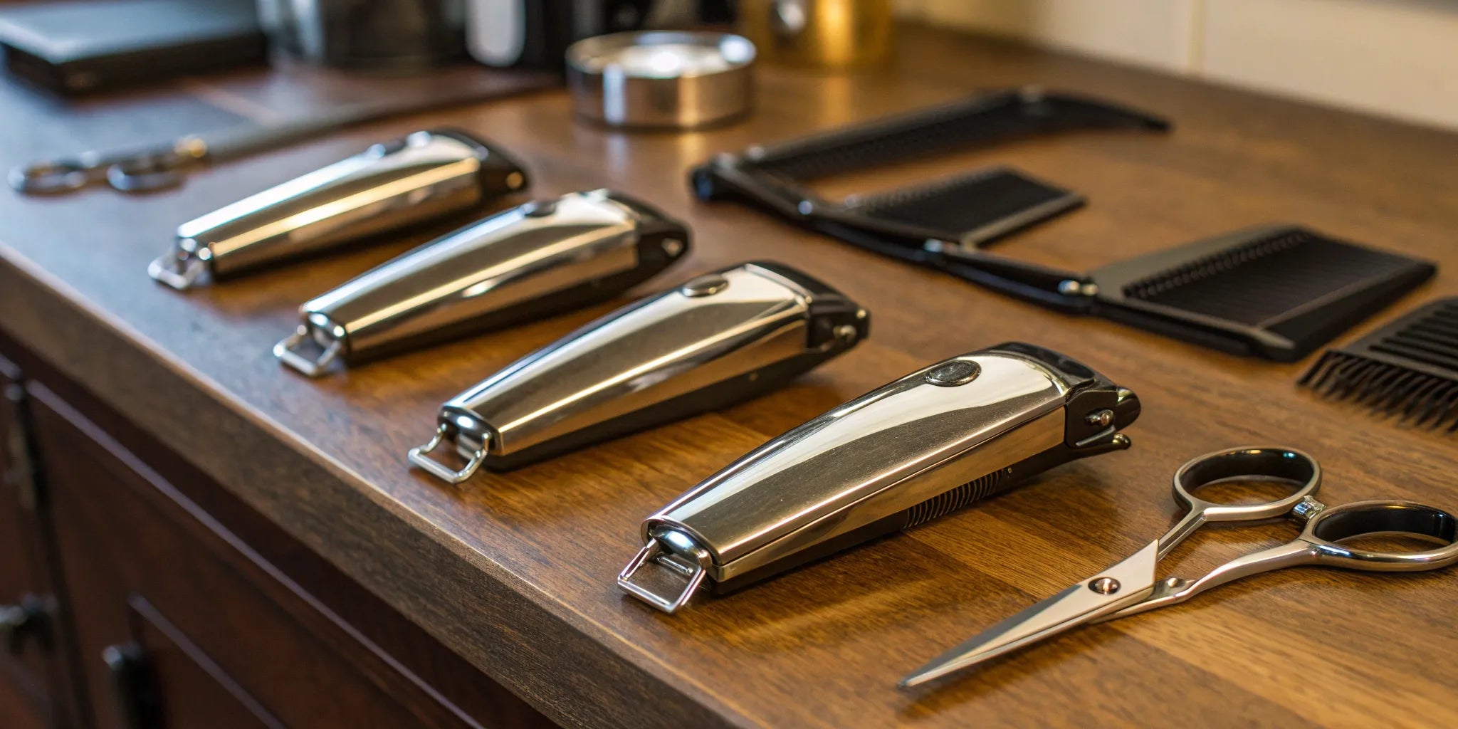 Professional hair clippers and barber tools on a workstation.