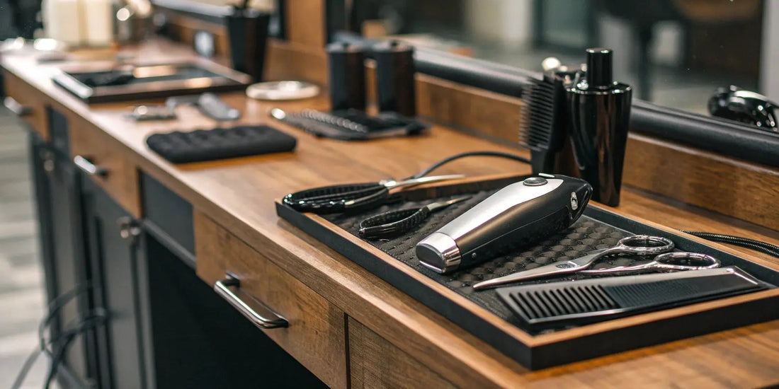 A collection of professional hair trimmers on a barber's workstation.