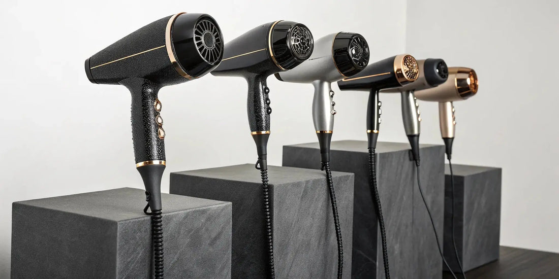 A lineup of professional barber hair dryers.