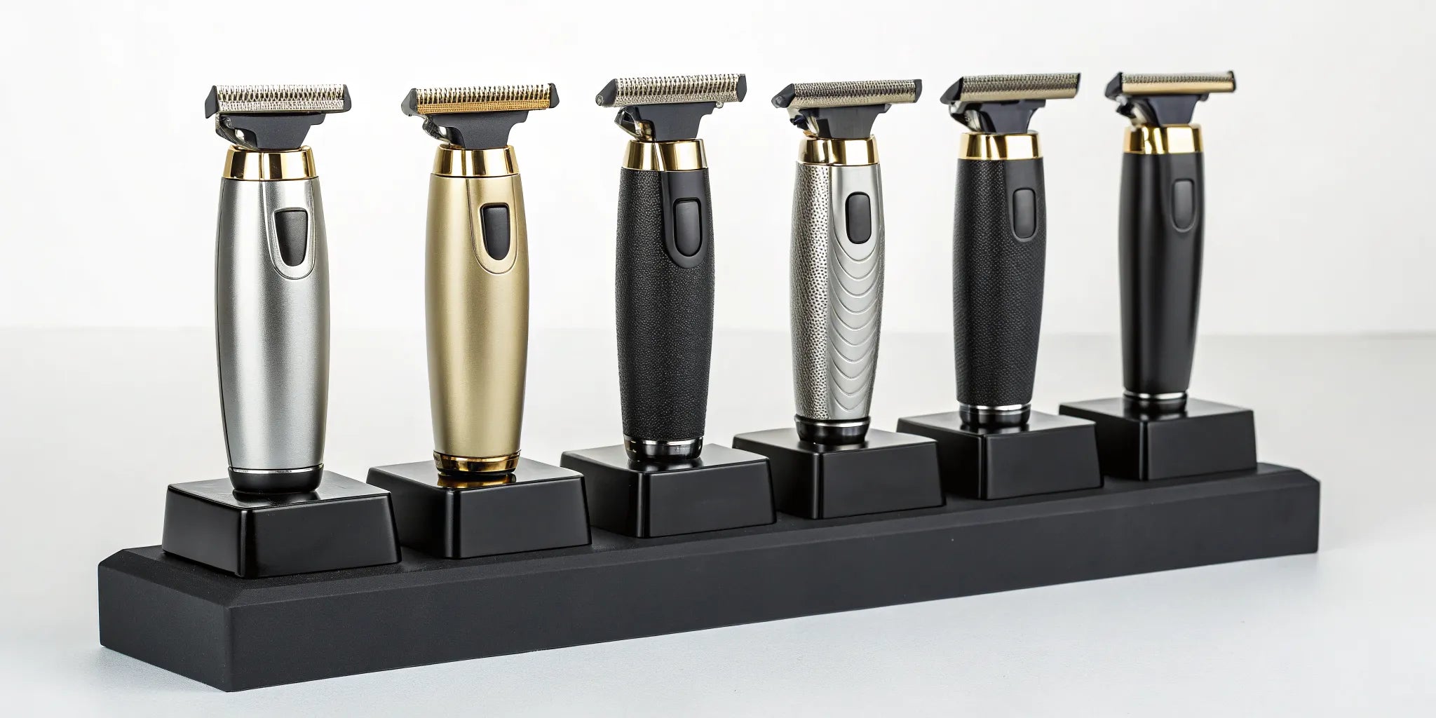 Six best professional zero gap trimmers displayed on stands.