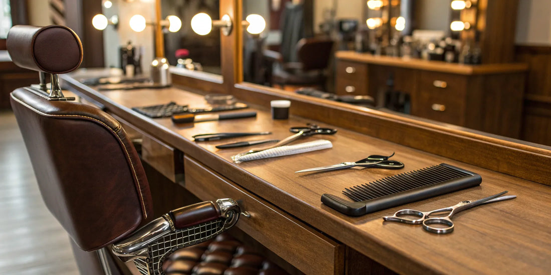 A professional barber combo set with clippers and trimmers on a workstation.
