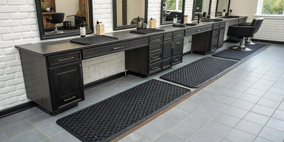 A professional barber station mat keeps clippers, combs, and scissors organized and ready for use.