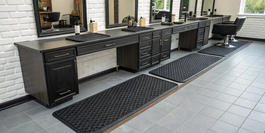 A professional barber station mat keeps clippers, combs, and scissors organized and ready for use.