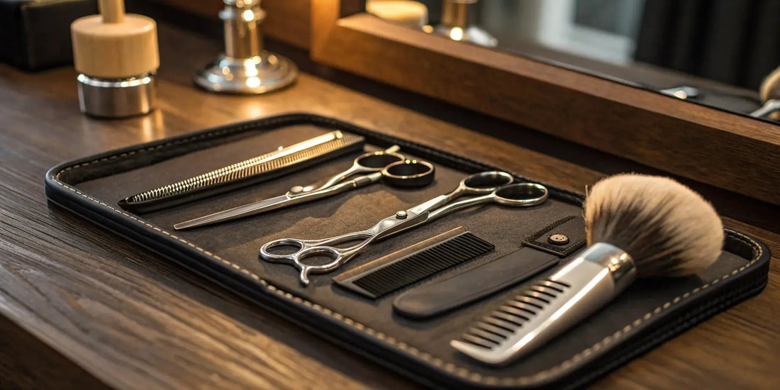 A professional barber tool kit with clippers, scissors, and combs neatly arranged.