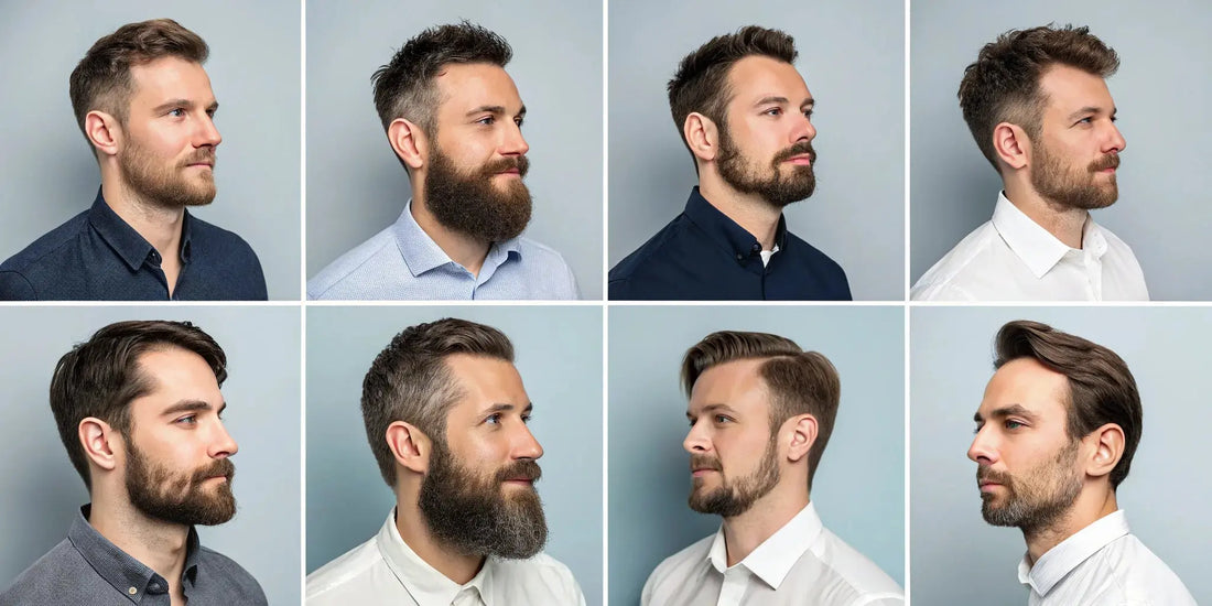A collage of men with popular beard styles of different lengths.