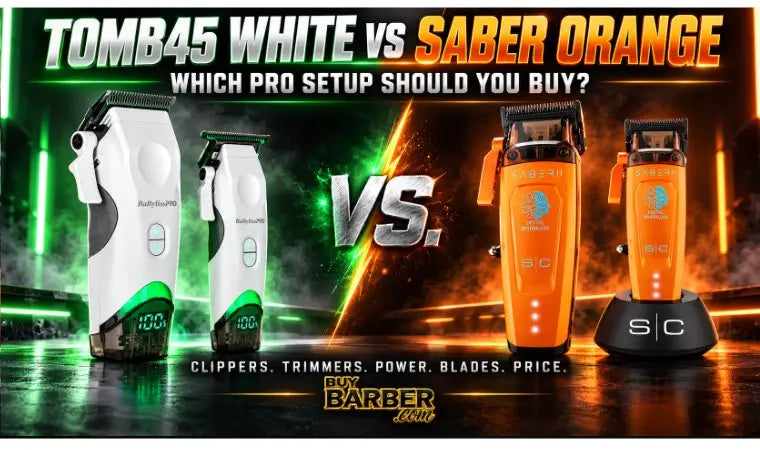 Alt text: BaBylissPRO Tomb45 White vs StyleCraft Saber Orange clipper and trimmer comparison for professional barbers.