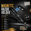 Barber Works magnetic barber razor holder in black for professional shaving and lineups