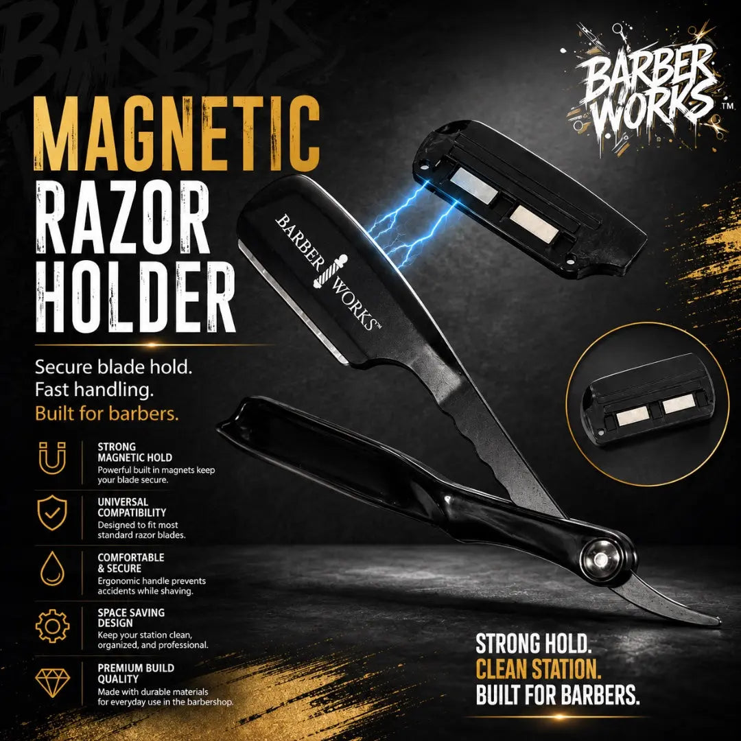 Barber Works magnetic barber razor holder in black for professional shaving and lineups