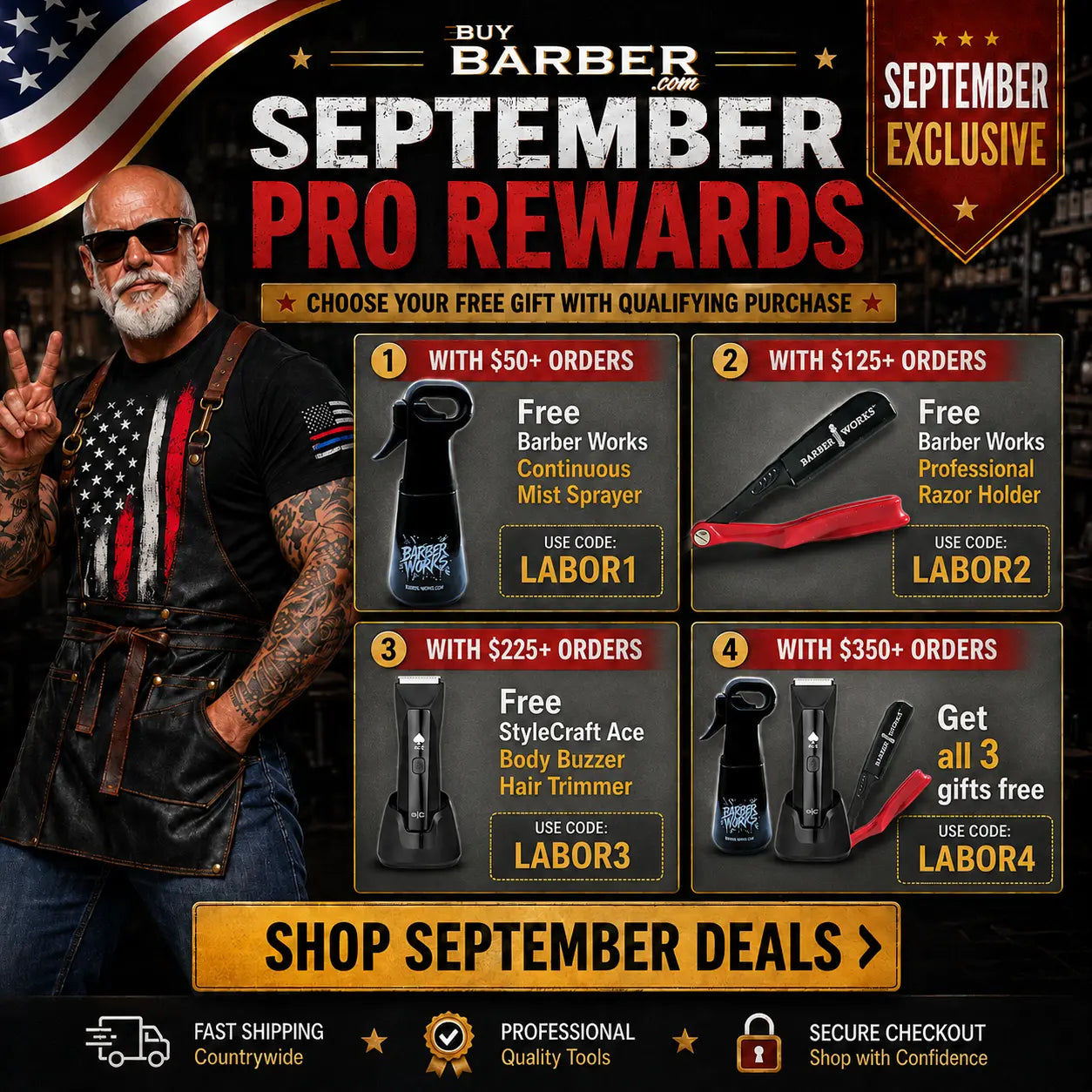 Promotional banner for Barber.com offering September exclusive free gifts, featuring a tattooed man in sunglasses on the left and four product deal cards on the right showcasing different barber tools with order thresholds.
