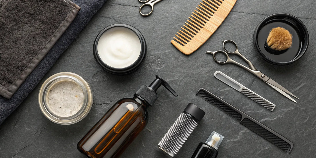 A barber's station with various hair styling products, combs, and scissors.