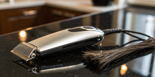 Andis T-Outliner trimmer with its carbon-steel T-blade on a barber station.