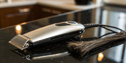 Andis T-Outliner trimmer with its carbon-steel T-blade on a barber station.