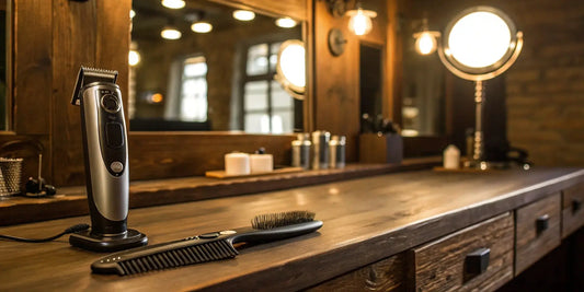A professional set of the best cordless hair clippers on a barber's station.
