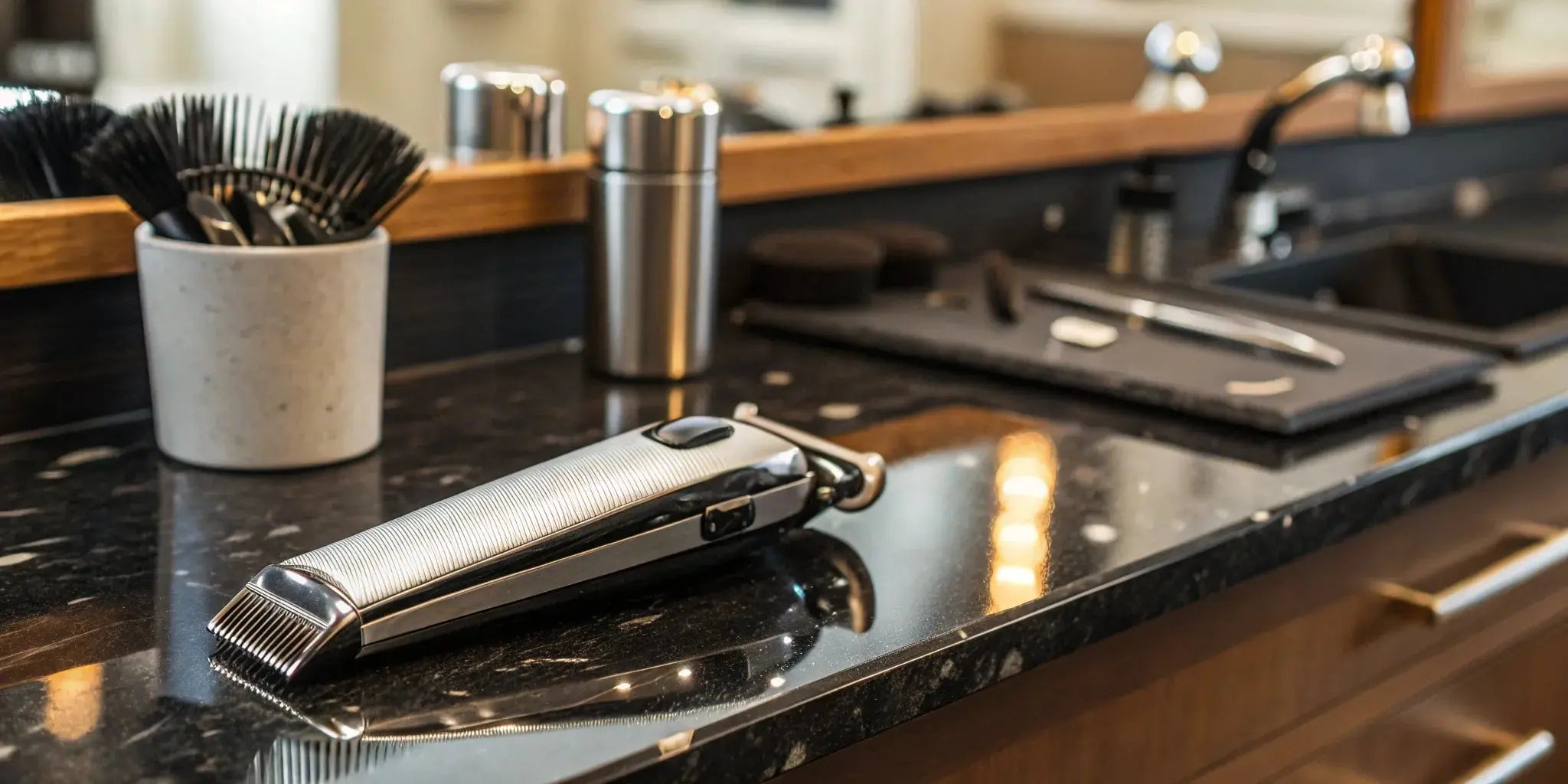 Best hair clippers for men arranged on a barber's work station.