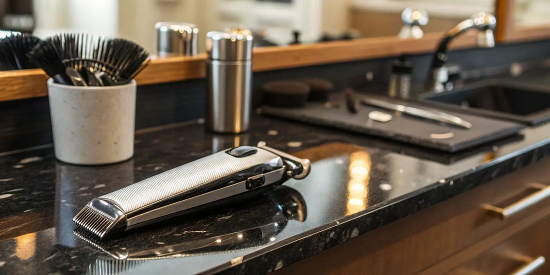 Best hair clippers for men arranged on a barber's work station.