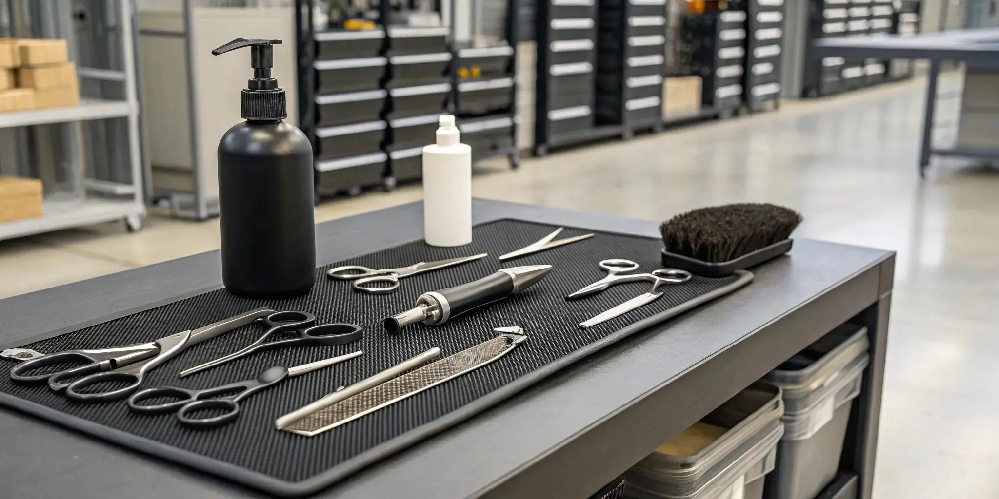 Professional barber equipment like clippers and shears from a wholesale distributor.