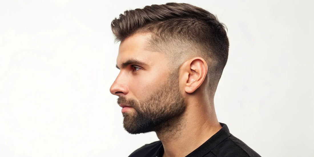 A modern fade haircut for men with a neatly trimmed beard.