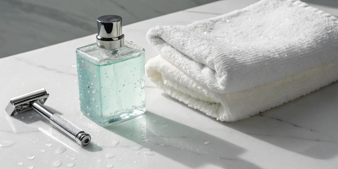 Aftershave bottle and razor, key to understanding the difference between aftershave vs cologne.