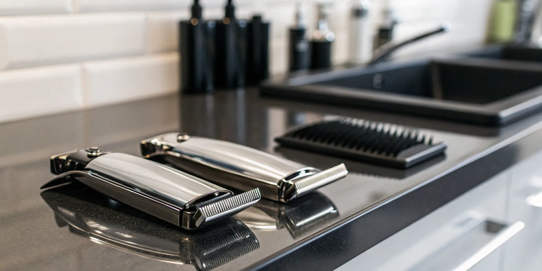 Andis AGC Super 2 Speed clipper with a selection of detachable blades.