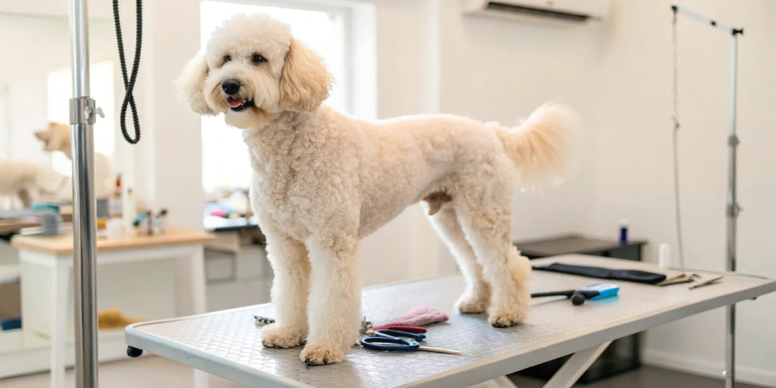 Dog being groomed with the purple Andis Easy Clip Groom detachable blade clipper kit.