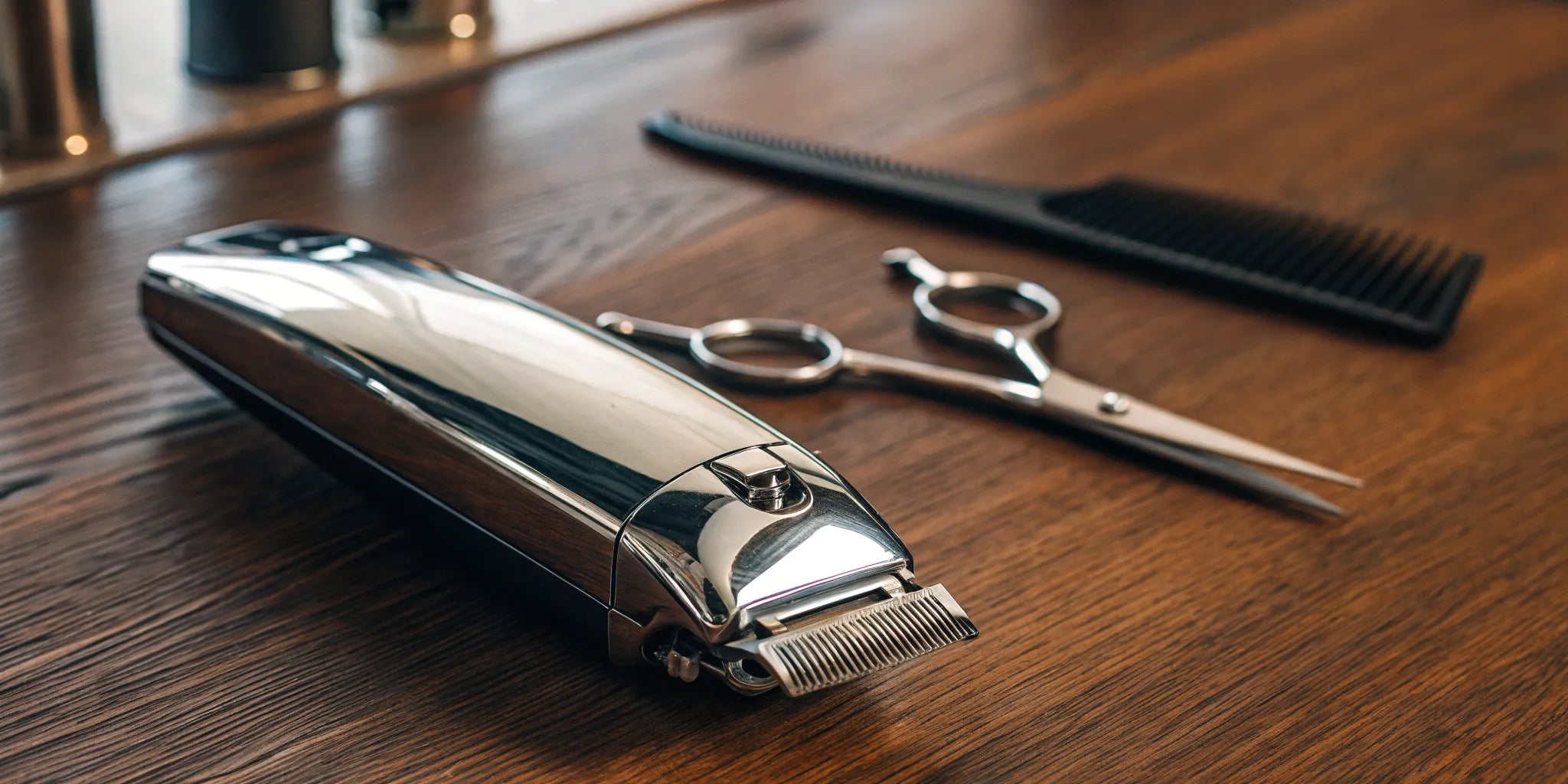 Andis Envy 66215 professional adjustable blade clipper with barber tools on a wooden table.
