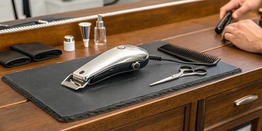 A barber's Andis hair clippers set up for a professional haircut.