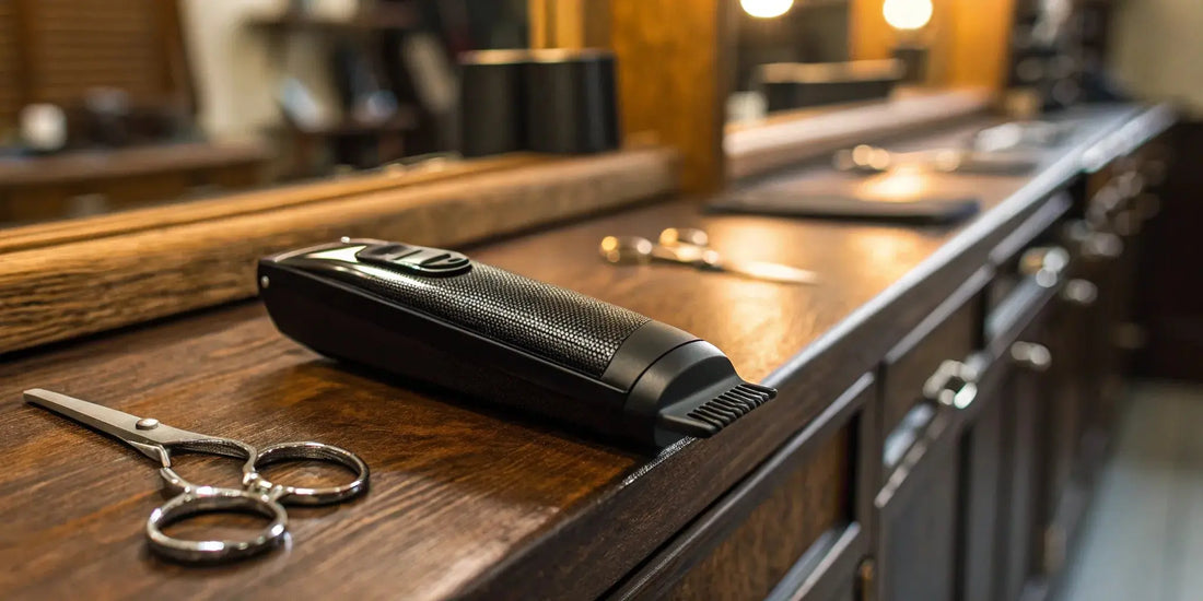The Andis Master Cordless Black Label Edition clipper on a barber's workstation.