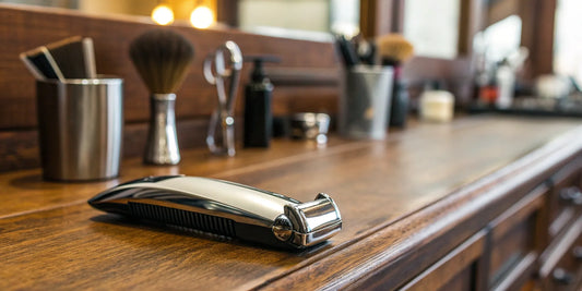 Andis Pivot Pro trimmer on a barber's station surrounded by grooming tools.