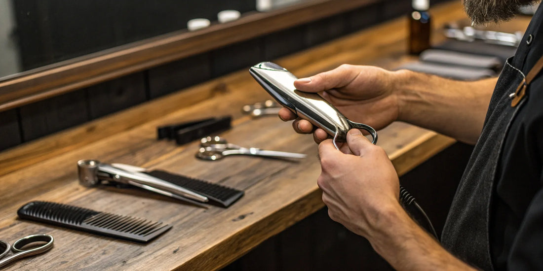 A barber holds the BaByliss 7565U Super Crew Cut clipper with combs and scissors on a wooden counter.