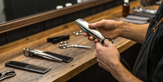 A barber holds the BaByliss 7565U Super Crew Cut clipper with combs and scissors on a wooden counter.