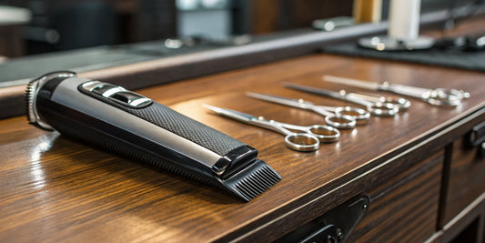 A BaByliss FX trimmer with its precision blade on a professional barber station.