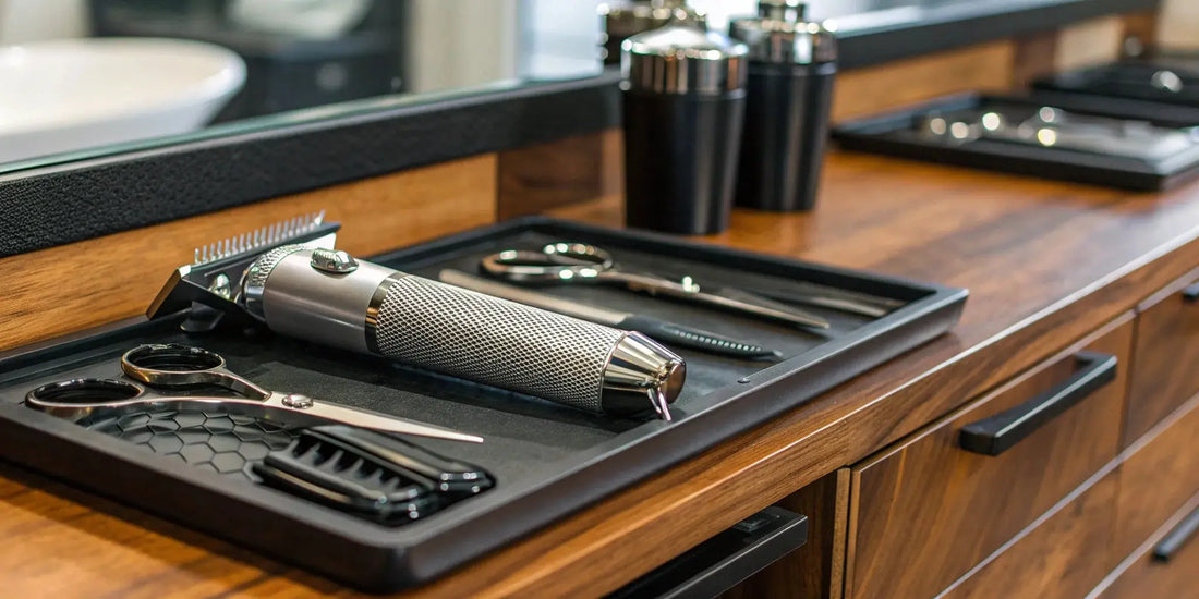 A collection of BaByliss Pro clippers and guards organized on a professional barber station.
