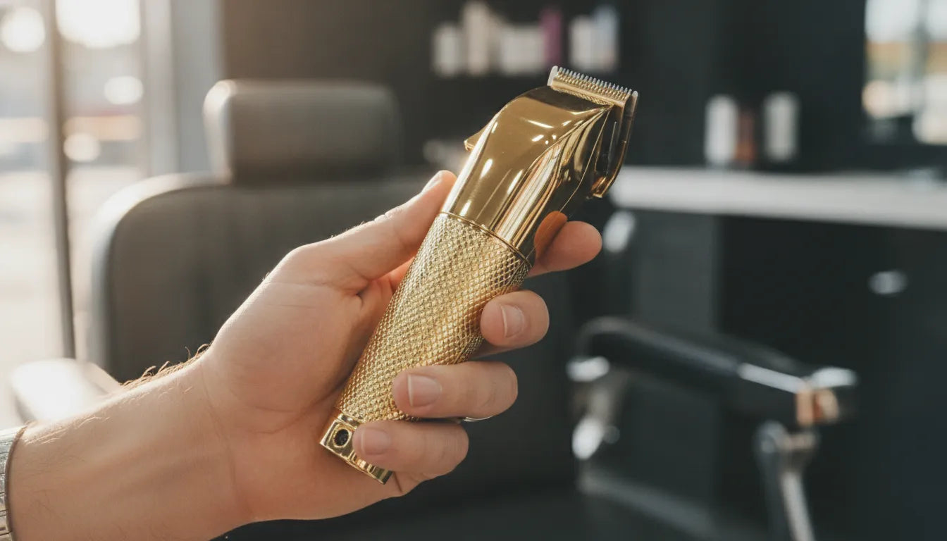 Professional barber holding a gold FXONE cordless clipper in a modern barbershop