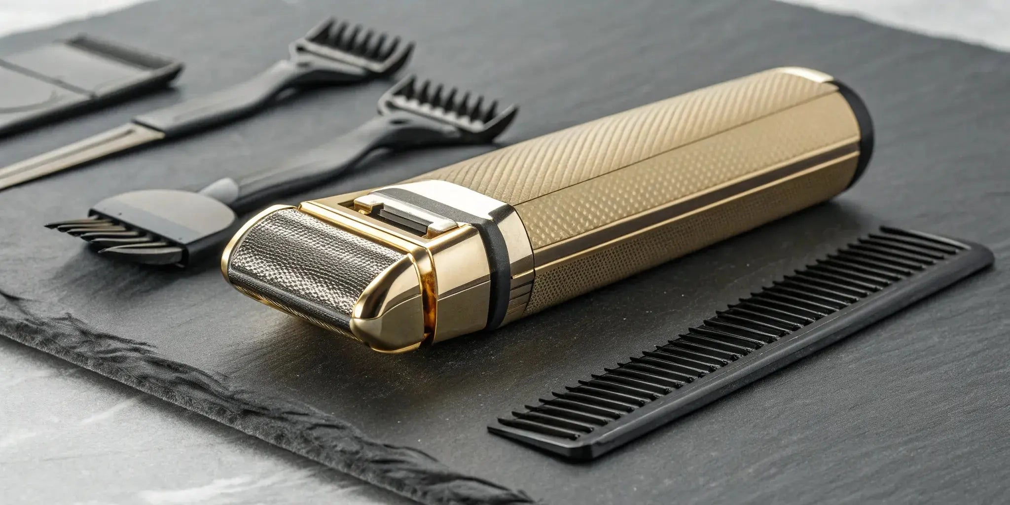 Gold Andis foil shaver with its precision barber blades and comb for a flawless finish.
