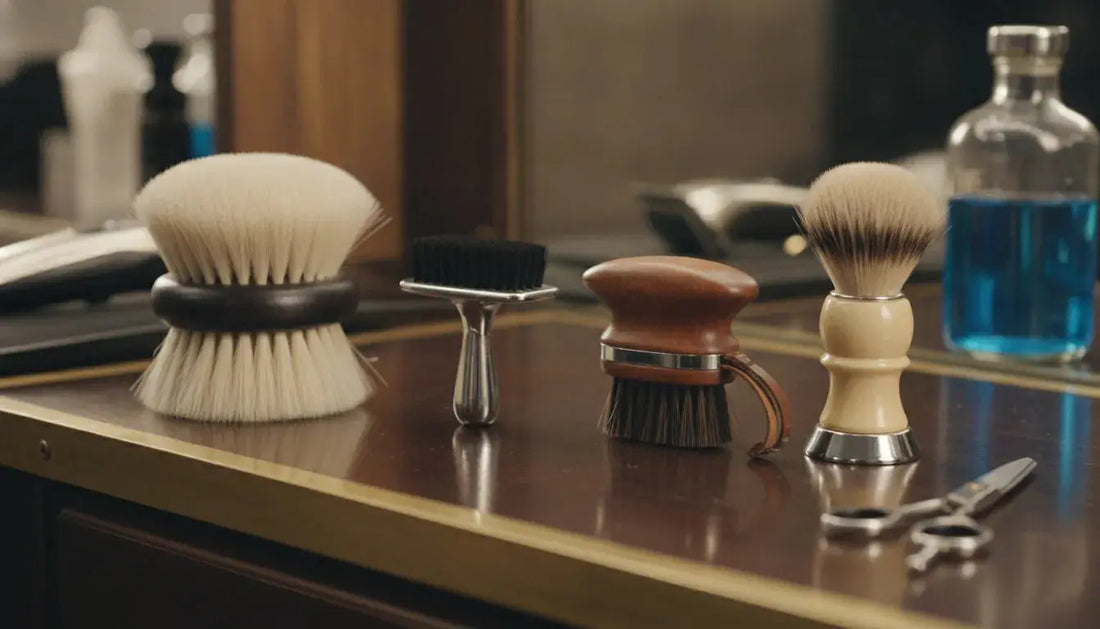 Professional barber brushes arranged on a workstation
