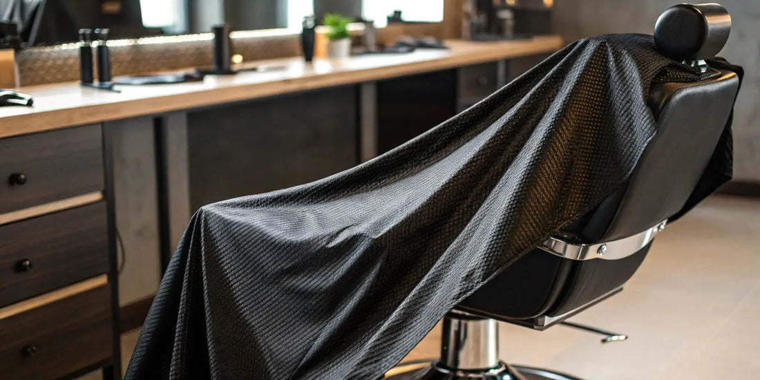 A black barber cape for wholesale purchase draped over a chair in a professional barbershop.
